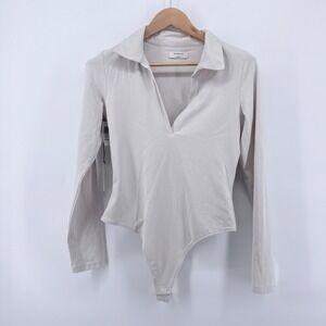 NEW NWT Aritzia Babaton Contour Polo Bodysuit Long Sleeve Matte Pearl Size Large